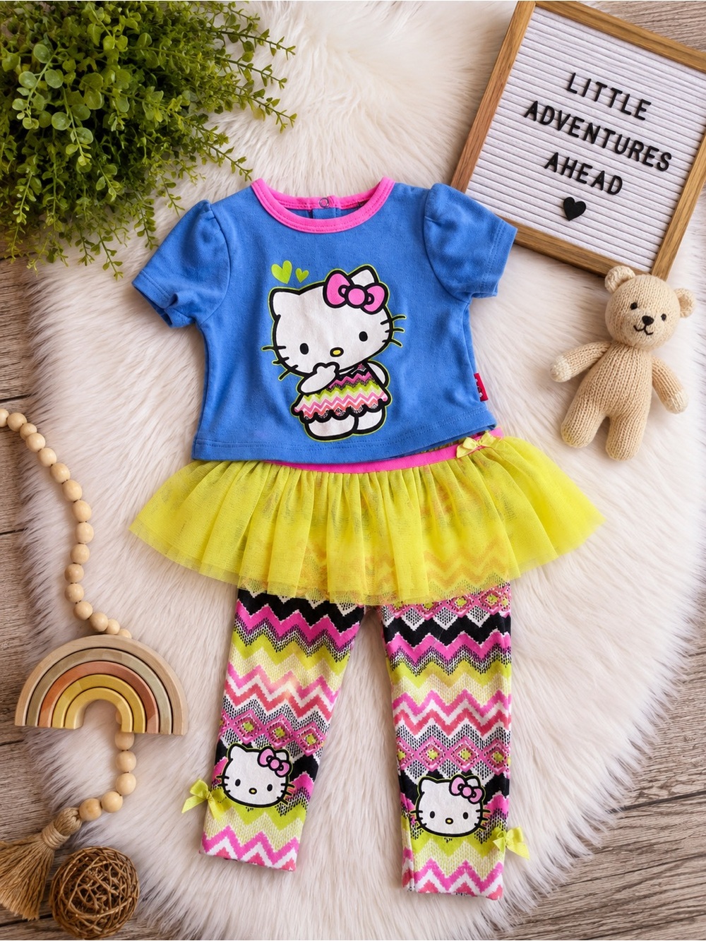 Hello Kitty Neon Yellow Pink Multi-Color Girls Skirt & Top Outfit Set 2014